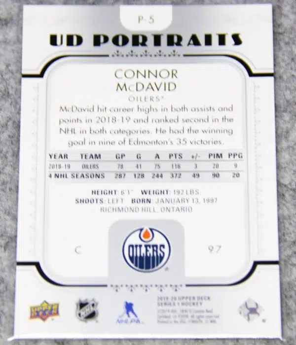 2019-20 Connor McDavid #P-5 Upper Deck Series 1 UD Portraits - back