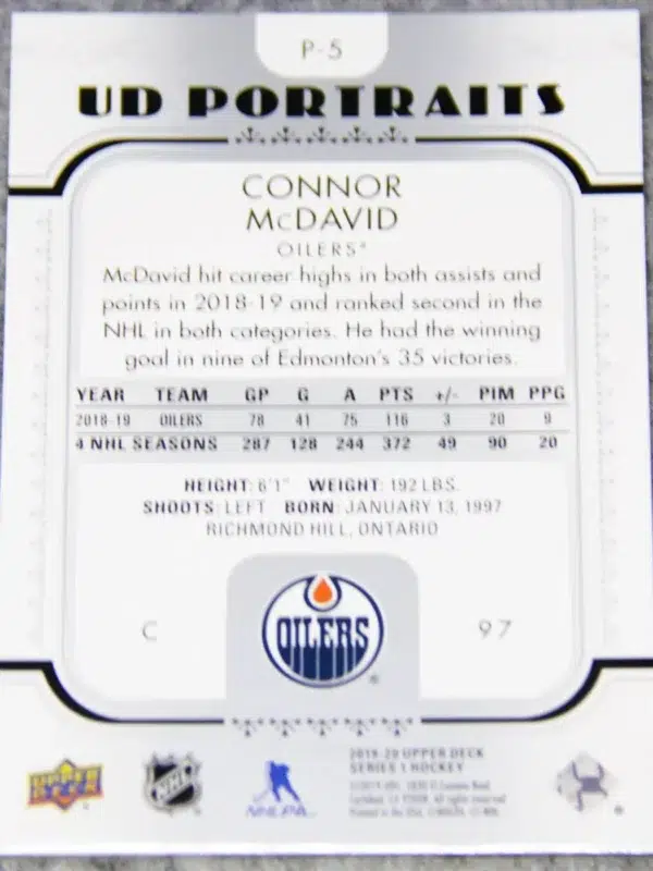 2019-20 Connor McDavid #P-5 Upper Deck Series 1 UD Portraits - back