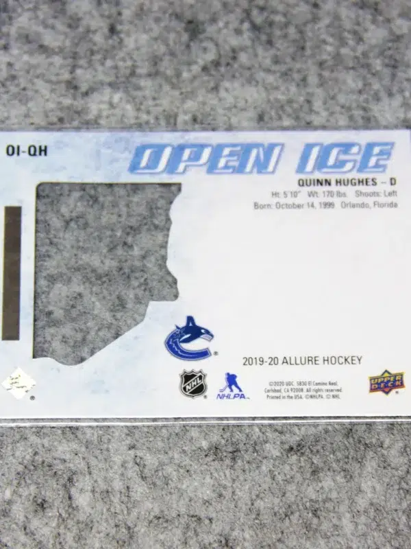 2019-20 Quinn Hughes #OI-QH Upper Deck Allure Open Ice RC - back