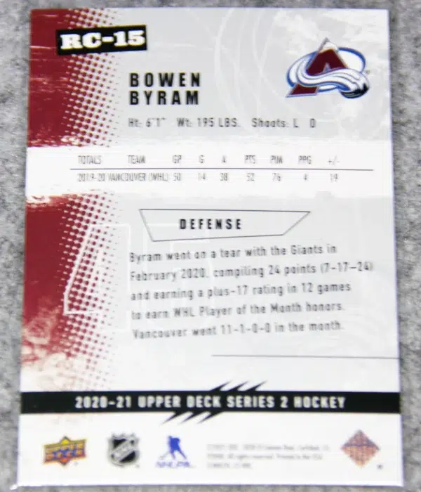 2020-21 Bowen Byram #RC-15 Upper Deck Series 2 Rookie Class - back