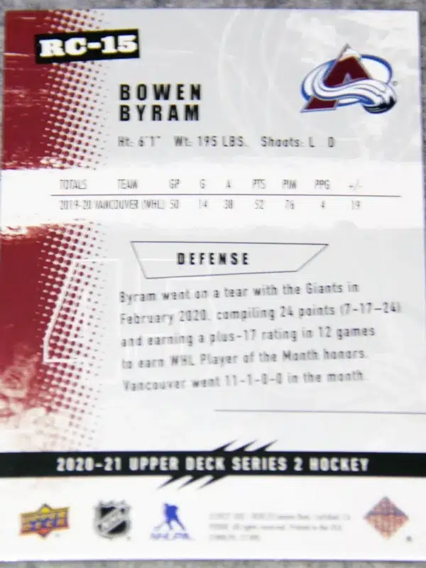 2020-21 Bowen Byram #RC-15 Upper Deck Series 2 Rookie Class - back