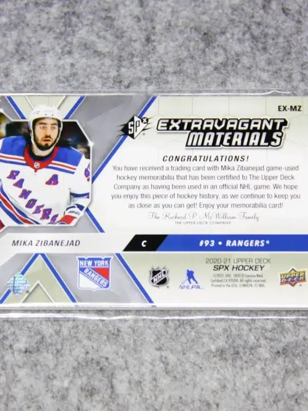 2020-21 Mika Zibanejad #EX-MZ Upper Deck SPx Extravagant Materials - back