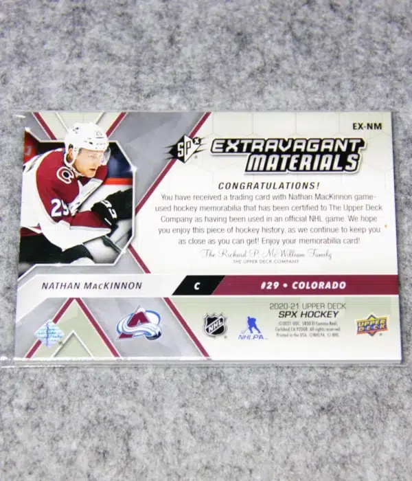 2020-21 Nathan MacKinnon #EX-NM Upper deck SPx Extravagant Materials - back