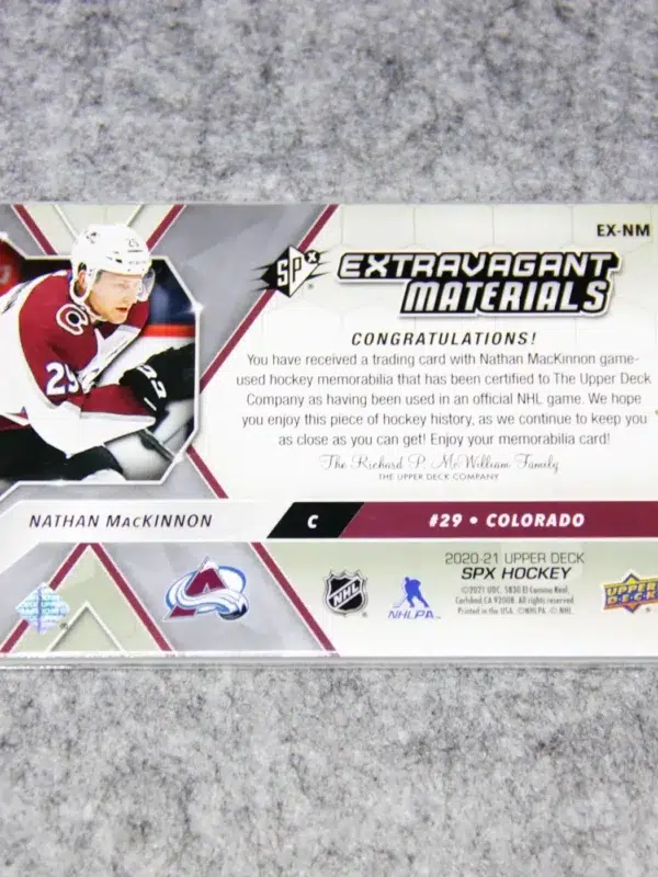 2020-21 Nathan MacKinnon #EX-NM Upper deck SPx Extravagant Materials - back