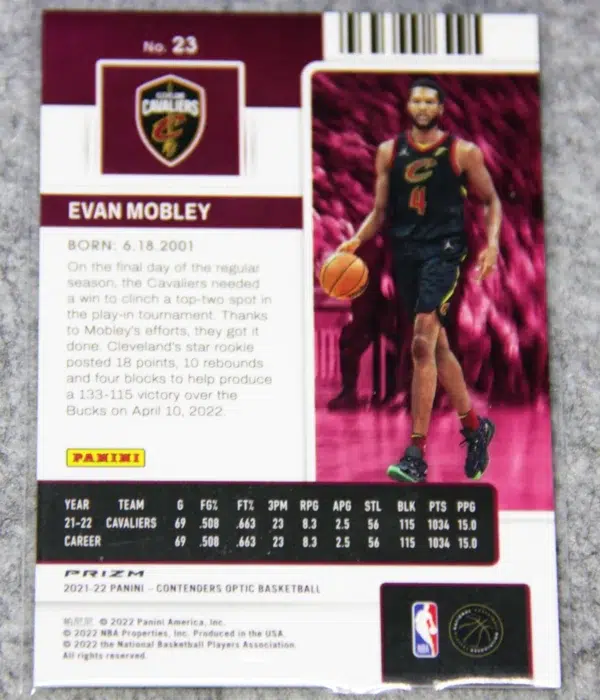 2021-22 Evan Mobley #23 Panini Contenders Optic Rookie Ticket Red Prizm RC - back