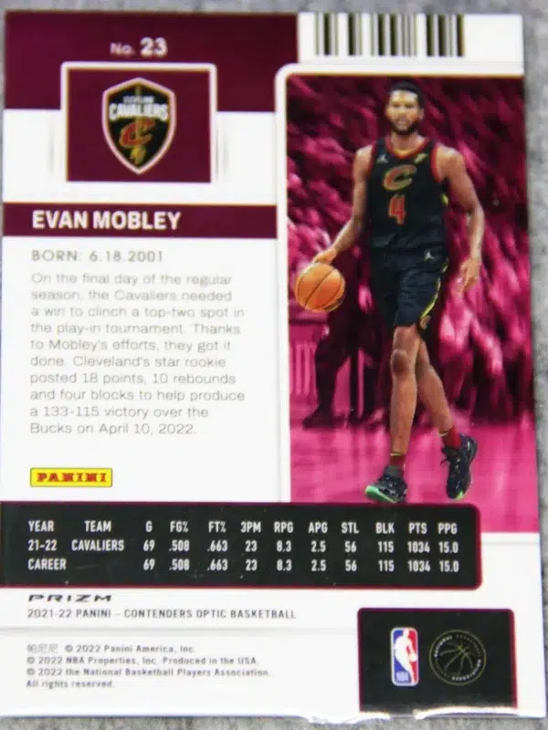 2021-22 Evan Mobley #23 Panini Contenders Optic Rookie Ticket Red Prizm RC - back