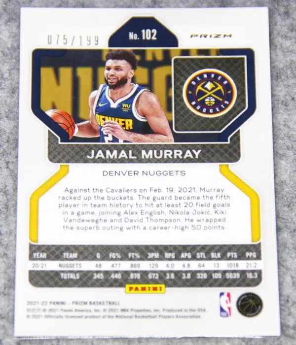 2021-22 Jamal Murray #102 Panini Prizm Blue Prizm SN#75 - back