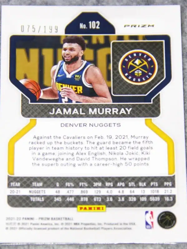 2021-22 Jamal Murray #102 Panini Prizm Blue Prizm SN#75 - back