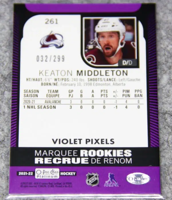 2021-22 Keaton Middleton #261 Upper Deck O-Pee-Chee Platinum Marquee Rookies Violet Pixels SN#32 - back