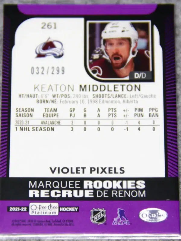 2021-22 Keaton Middleton #261 Upper Deck O-Pee-Chee Platinum Marquee Rookies Violet Pixels SN#32 - back