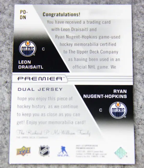 2021-22 Leon Draisaitl & Ryan Nugent-Hopkins #PD-DN Upper Deck Premier Dual Jersey SN#85 - back