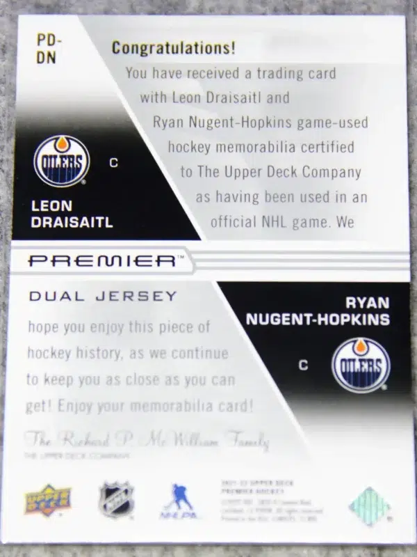 2021-22 Leon Draisaitl & Ryan Nugent-Hopkins #PD-DN Upper Deck Premier Dual Jersey SN#85 - back