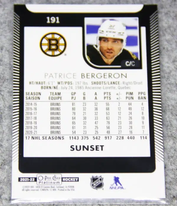 2021-22 Patrice Bergeron #191 Upper Deck O-Pee-Chee Platinum Hockey Sunset - back