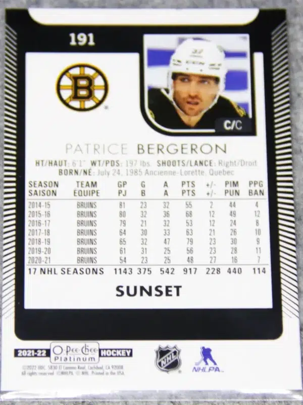 2021-22 Patrice Bergeron #191 Upper Deck O-Pee-Chee Platinum Hockey Sunset - back