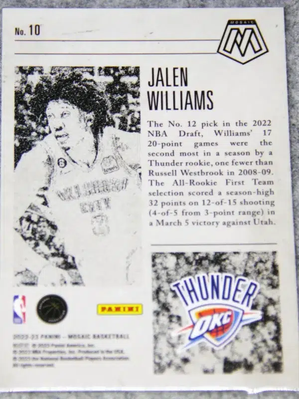 2022-23 Jalen Williams #10 Panini Mosaic Notoriety RC - back