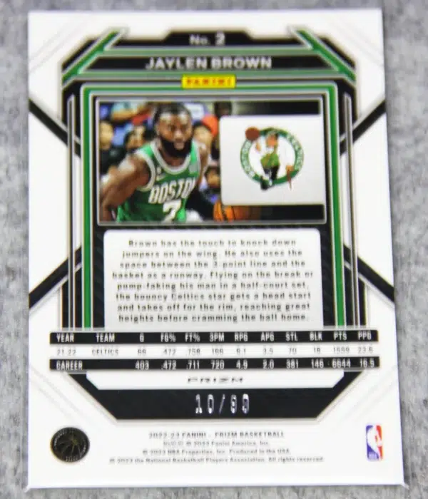 2022-23 Jaylen Brown #2 Panini Prizm Purple Prizm Parallel SN#10 - back