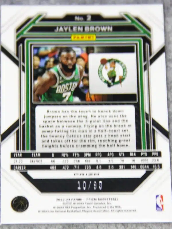 2022-23 Jaylen Brown #2 Panini Prizm Purple Prizm Parallel SN#10 - back