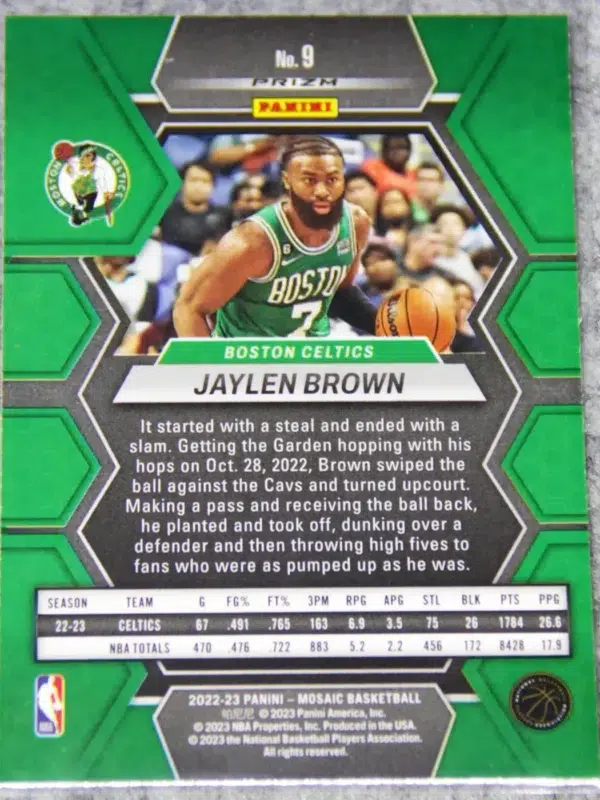 2022-23 Jaylen Brown #9 Panini Mosaic Green Prizm Parallel - back