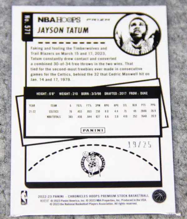 2022-23 Jayson Tatum #571 Panini Chronicles Hoops Premium Stock Swirl Prizm SN#19 - back