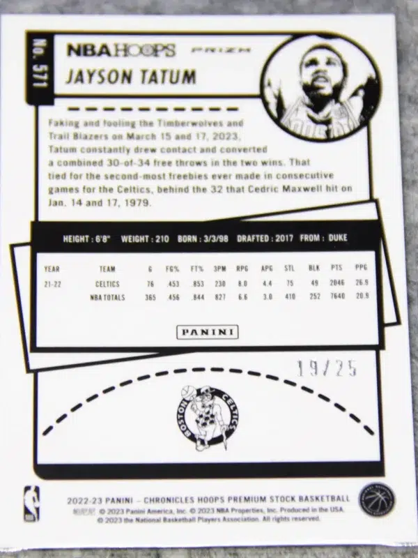 2022-23 Jayson Tatum #571 Panini Chronicles Hoops Premium Stock Swirl Prizm SN#19 - back