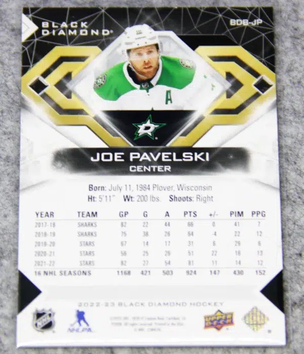 2022-23 Joe Pavelski #BDB-JP Upper Deck Black Diamond SN#348 - back