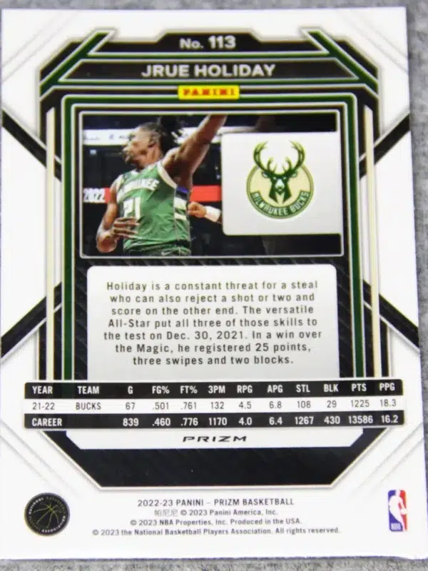 2022-23 Jrue Holiday #113 Panini Prizm Cracked Ice Prizm - back