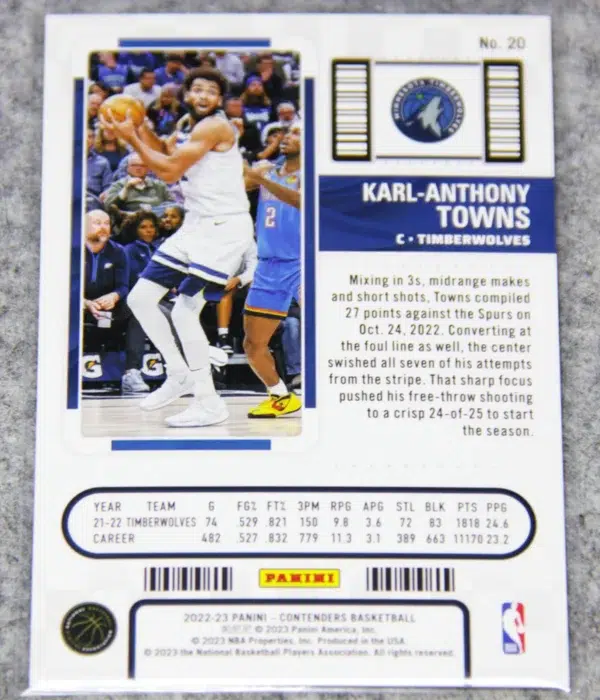 2022-23 Karl-Anthony Towns #20 Panini Contenders Semifinals Ticket SN#66 - back