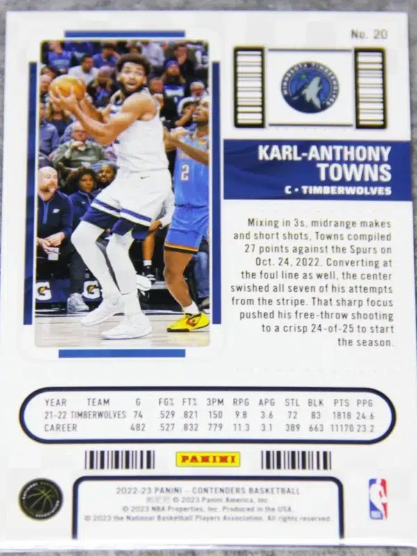 2022-23 Karl-Anthony Towns #20 Panini Contenders Semifinals Ticket SN#66 - back