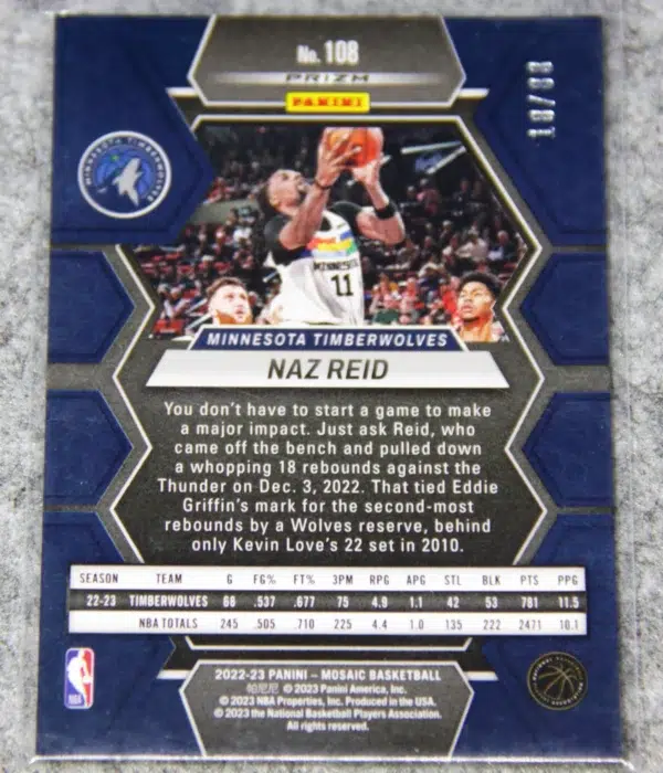 2022-23 Naz Reid #108 Panini Mosaic Red Yellow Fusion Choice Prizm SN#18 - back