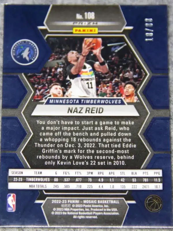 2022-23 Naz Reid #108 Panini Mosaic Red Yellow Fusion Choice Prizm SN#18 - back