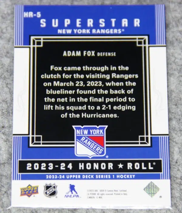 2023-24 Adam Fox #HR-5 Upper Deck Series 1 Honor Roll - back