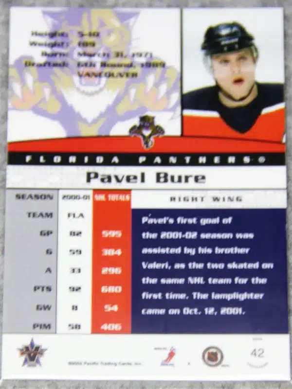 2001-02 Pavel Bure #42 Vanguard - back