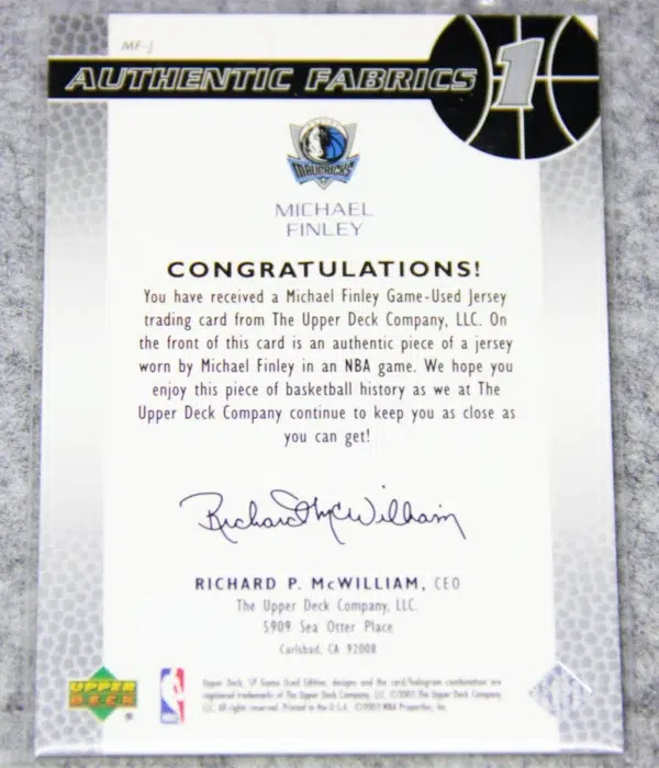 2003-04 Michael Finley #MF-J Upper Deck SP Game Used Authentic Fabrics - back