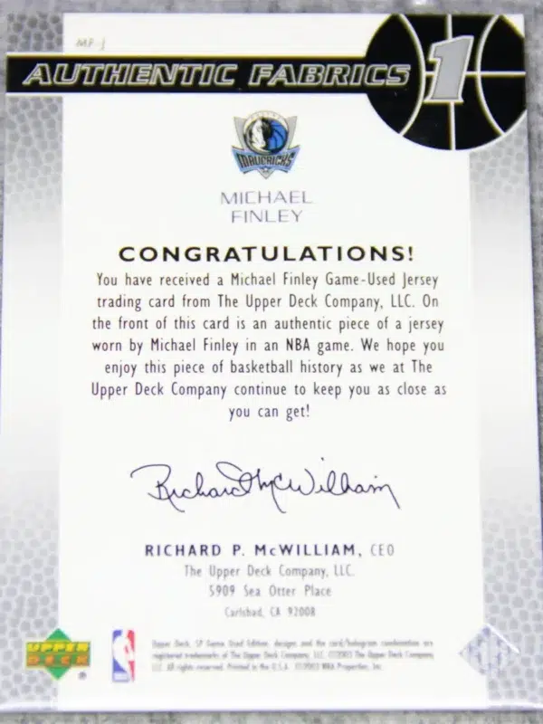 2003-04 Michael Finley #MF-J Upper Deck SP Game Used Authentic Fabrics - back
