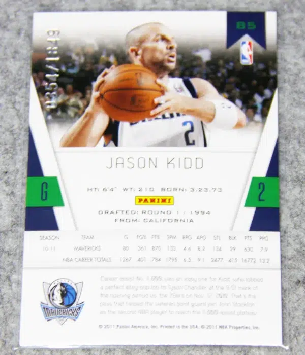 2010-11 Jason Kidd #85 Panini Totally Certified SN#354 - back