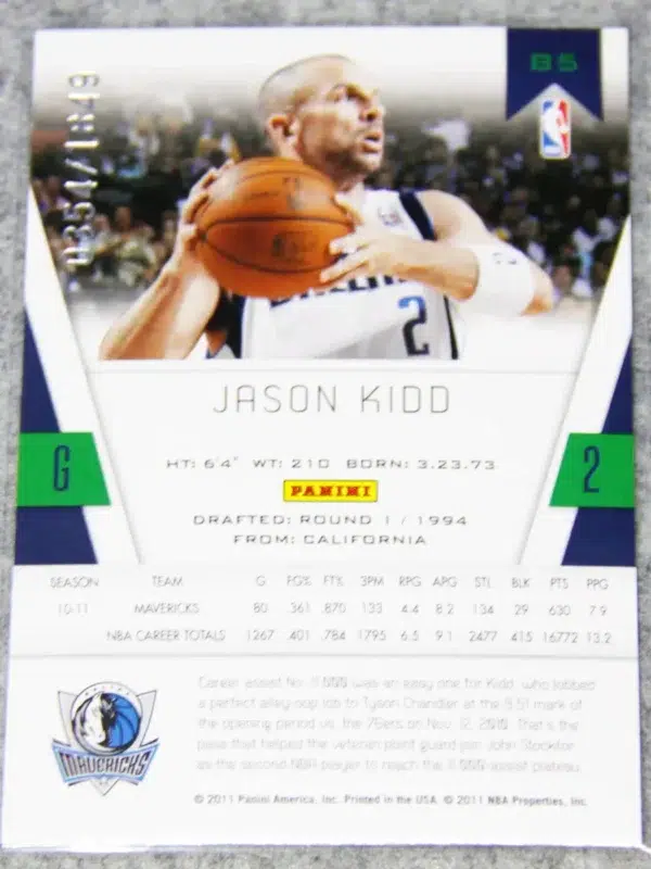 2010-11 Jason Kidd #85 Panini Totally Certified SN#354 - back