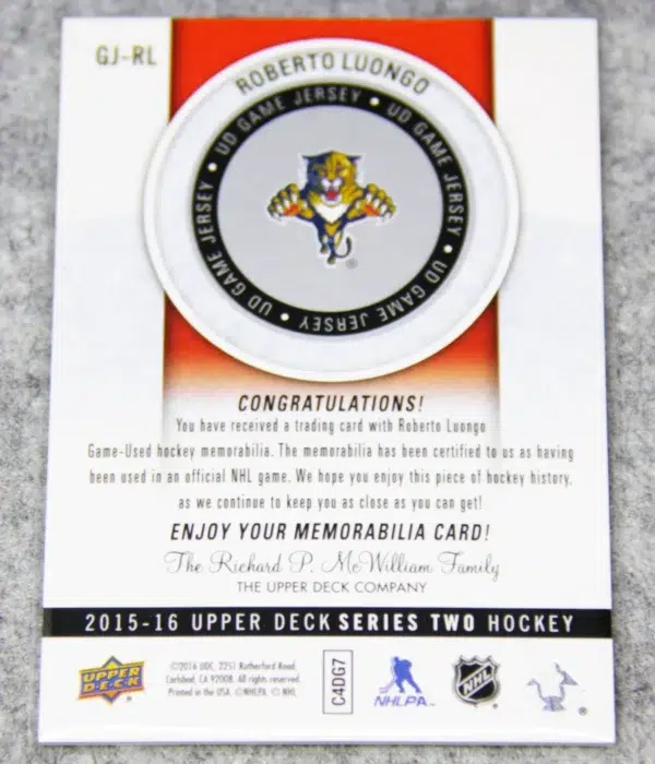 2015-16 Roberto Luongo #GJ-RL Upper Deck Series 2 UD Game Jersey - back