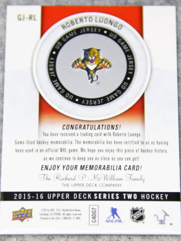 2015-16 Roberto Luongo #GJ-RL Upper Deck Series 2 UD Game Jersey - back