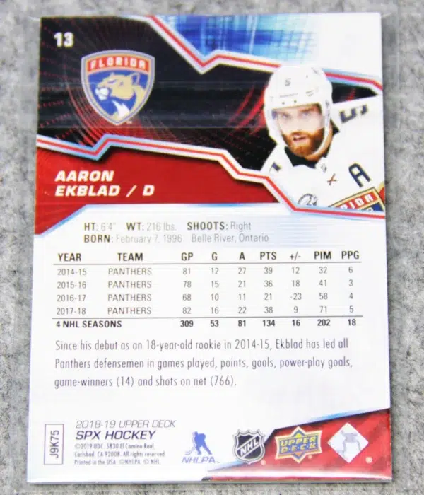 2018-19 Aaron Ekblad #13 Upper Deck SPx Stars SN#286 - back