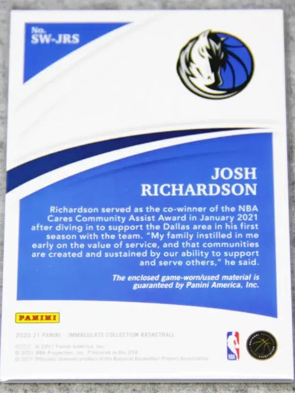 2020-21 Josh Richardson #SW-JRS Panini Immaculate Collection Swatches Jersey Relic SN#36 - back