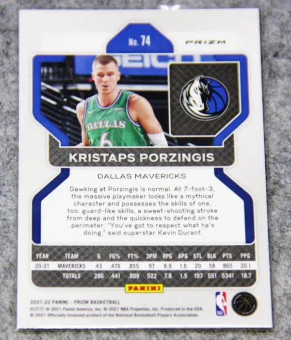 2021-22 Kristaps Porzingis #74 Panini Prizm Silver Cracked Ice Prizm - back