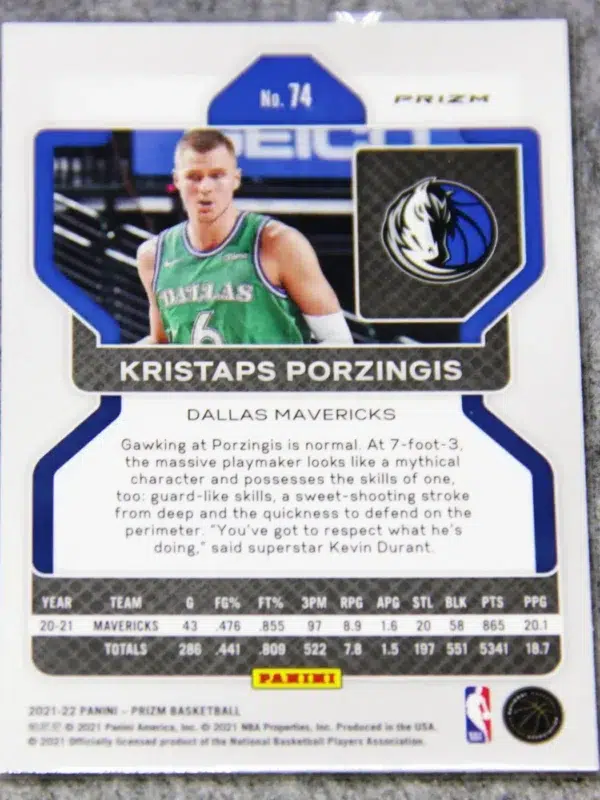 2021-22 Kristaps Porzingis #74 Panini Prizm Silver Cracked Ice Prizm - back