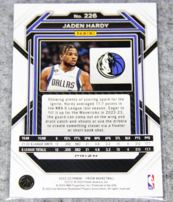 2022-23 Jaden Hardy #226 Panini Prizm Silver Prizm RC - back