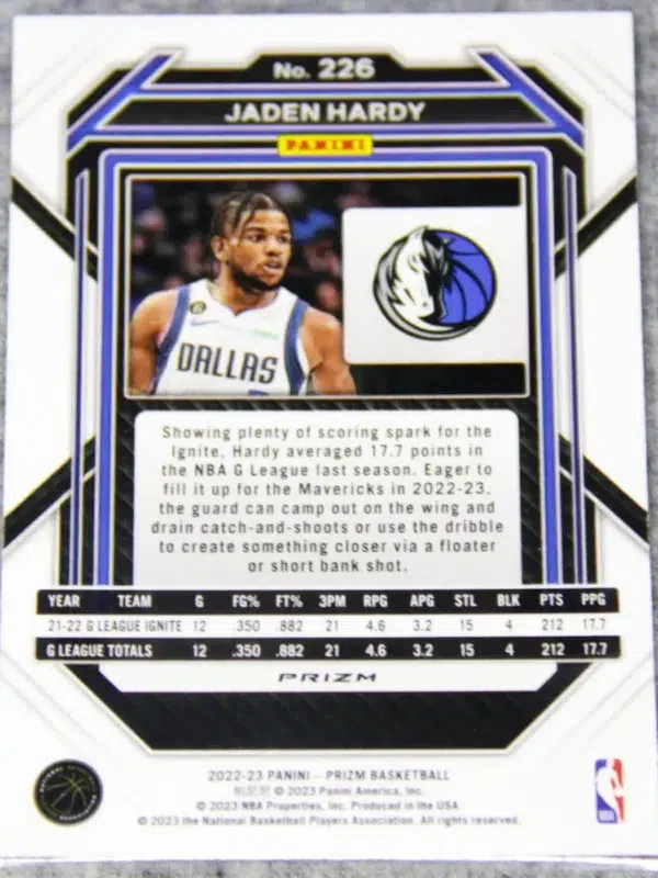 2022-23 Jaden Hardy #226 Panini Prizm Silver Prizm RC - back