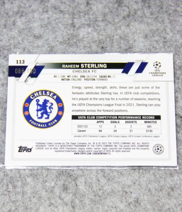 2022-23 Raheem Sterling #113 Topps Chrome UEFA Champions League Blue Refractor SN#88 - back