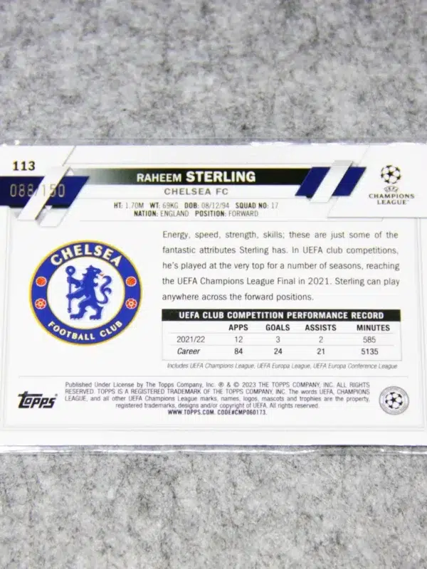 2022-23 Raheem Sterling #113 Topps Chrome UEFA Champions League Blue Refractor SN#88 - back