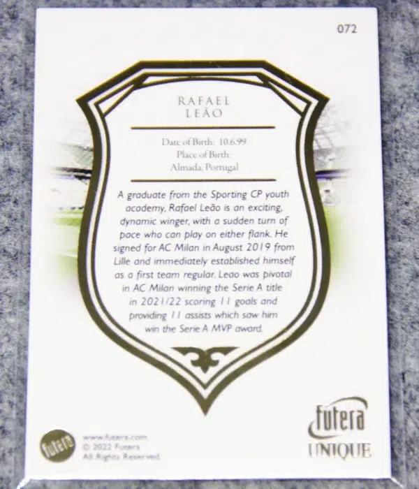 2022 Rafael Leao #072 Futera Unique Football Forward - back