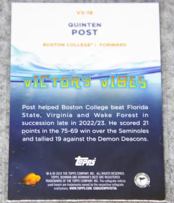 2023-24 Quinten Post #VV-19 Topps Bowman Best U Victory Vibes Orange Refractor SN#25 - back