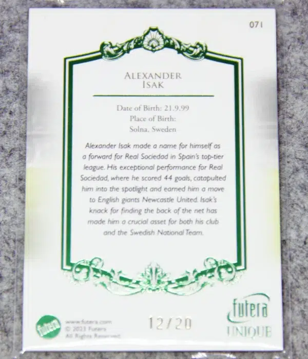 2023 Alexander Isak #071 Futera Unique Football Forward Emerald SN#12 - back