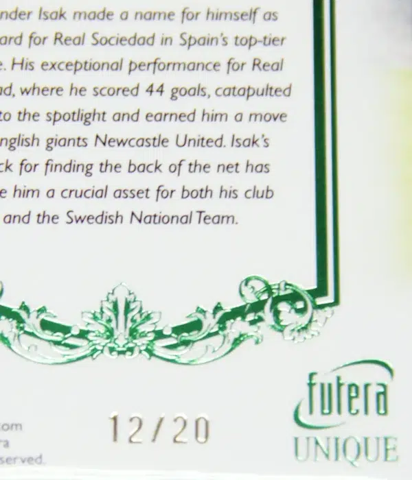 2023 Alexander Isak #071 Futera Unique Football Forward Emerald SN#12 - detail